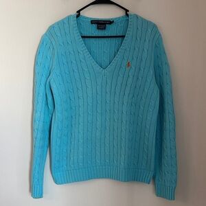 Vintage women Ralph Lauren Sport cable knit v-neck teal aqua cotton sweater LG